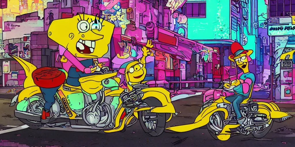 Image similar to sponge bob akira, riding a motorcycle on the neonpunk street.