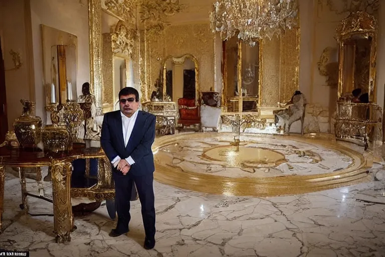 Image similar to el chapo standing in the middle of a grandiose mexican mansion. everything is made out of gold. el chapo is sipping o wine.