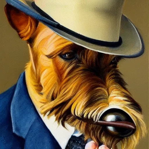 Prompt: beautiful painting of an Irish terrier detective smoking a pipe and wearing fedora, oil painting, majestic