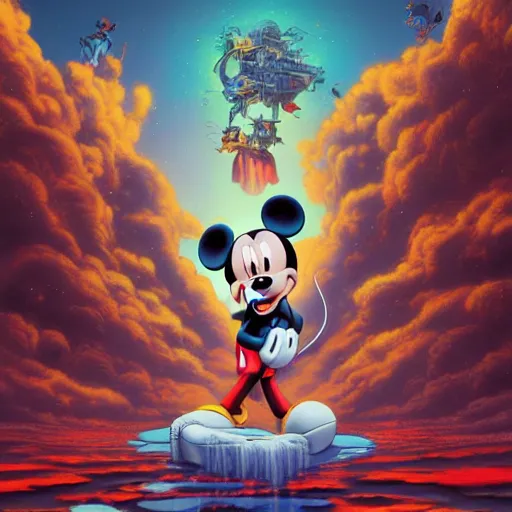 Image similar to the second coming of mickey mouse by dan mumford, yusuke murata, makoto shinkai, ross tran, cosmic, heavenly, god rays, intricate detail, cinematic, 8 k, cel shaded, unreal engine, featured on artstation, pixiv