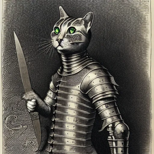 Image similar to engraving portrait of humanoid cat in medieval armoury by gustave dore