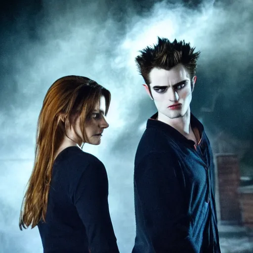 Image similar to buffy the vampire slayer fights twilight's edward cullen to the death, dramatic high - contrast film still, blue and orange rim lighting, iconic,