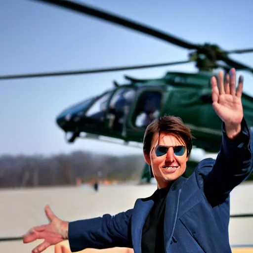 Image similar to Tom Cruise waving to fans. He's wearing bluejeans and a green jacket, Ralph Lauren. A helicopter is in the background. Shallow depth of field