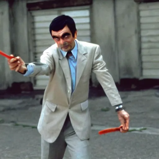 Image similar to film still of Mr Bean in Kill Bill