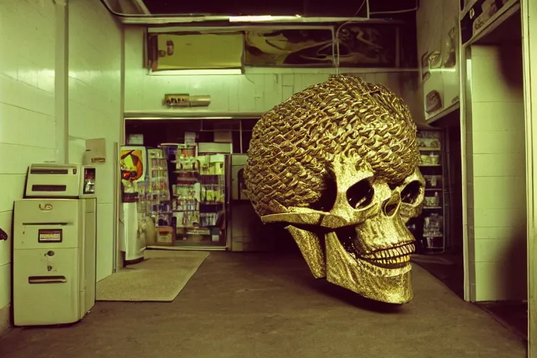 Prompt: large metallic skull attached to a tower of thick coiled power cable, stoic and calm, inside of an unlit 1970s convenience store, ektachrome photograph, volumetric lighting, f8 aperture, cinematic Eastman 5384 film