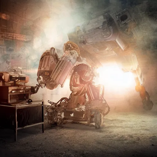 Image similar to toaster mecha head, dark messy smoke - filled cluttered workshop, dark, dramatic lighting, orange tint, sparks, cinematic, highly detailed, sci - fi, futuristic, movie still