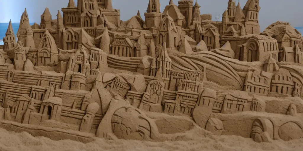 Prompt: high quality photograph of a masterfully crafted sand sculpture of a massive detailed medieval town at the beach