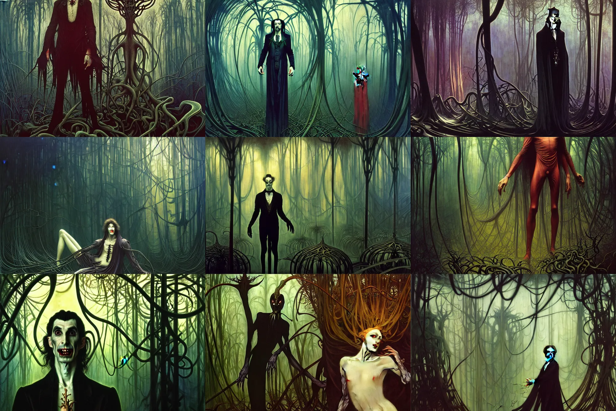 Prompt: realistic extremely detailed portrait painting of an elegantly creepy vampire man dressed as dracula, futuristic sci-fi forest on background by Jean Delville, Amano, Caravaggio, Yves Tanguy, Alphonse Mucha, Ernst Haeckel, Edward Robert Hughes, Roger Dean, rich moody colours, minimalistic cinematic composition, octane render, bokeh, unreal engine, 4k 3d render