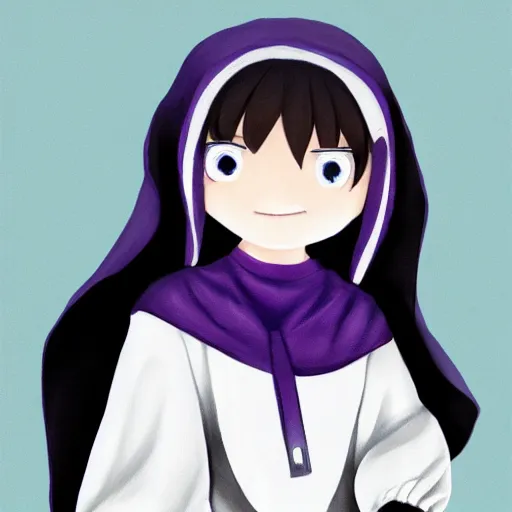 Image similar to little boy wearing nun outfit, white hair, light blue eyes. purple and black color palate, detailed soft painting, made in abyss art style, anatomically correct