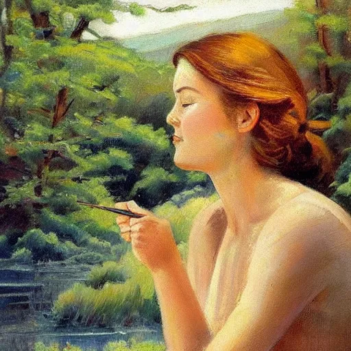 Prompt: A body art of a beautiful scene of nature. The colors are very soft and muted, and the overall effect is one of serenity and peace. The composition is well balanced, and the brushwork is delicate and precise. by Patricia Polacco, by Raymond Leech