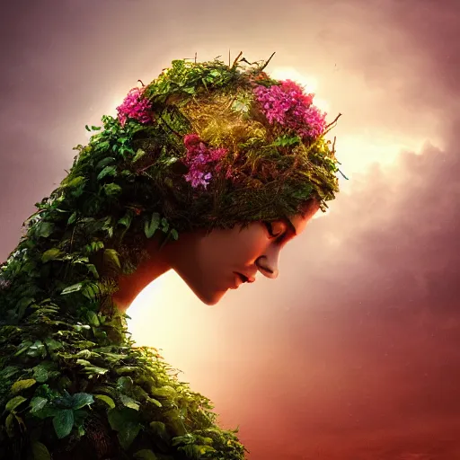 Image similar to giant humanoid Mother Nature made of vines and leaves and a crown made of flowers towering over a tropical island, Dramatic Lighting, Trending on Artstation HQ, 4K, UHD.