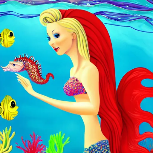 Image similar to beautiful blonde female mermaid riding colorful seahorse underwater surrounded by fish