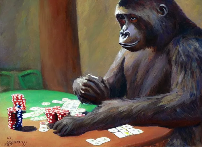 Image similar to one gorrila playing poker bear playing poker, highly detailed beautiful, by gregory manchess, james gurney, james jean