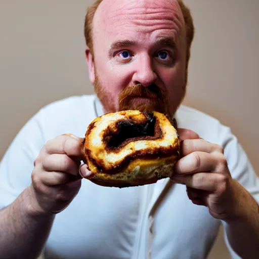 Prompt: louis c k eating a cinnamon roll, xf iq 4, f / 1. 4, iso 2 0 0, 1 / 1 6 0 s, 8 k, raw, unedited, symmetrical balance, in - frame, sharpened