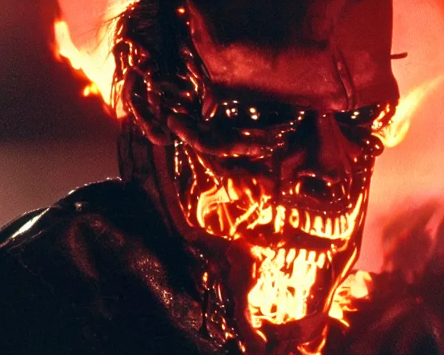 Prompt: Jack Nicholson plays Terminator wearing leather jacket and his endoskeleton is visible his eye glows red, walking out of flames