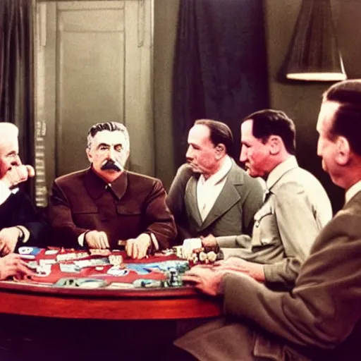 Image similar to UHD candid color photo of Joseph Stalin playing poker with Joe Biden and Hitler, accurate faces, UHD, photorealistic, correct face, photo by Annie Leibowitz