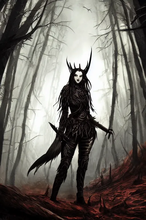 Image similar to dramatic dark forest scenery, girl with sharp fangs in hide leather armor, high fantasy concept art, poster