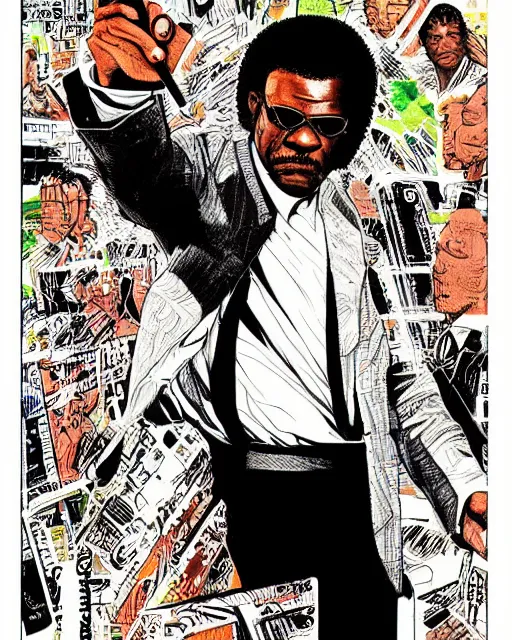 Image similar to Digital color pen drawing of Samuel Jackson from Pulp Fiction, highly detailed, sharp focus, screentone shading, 1990 manga panel, trending on ArtStation, manga cover art drawn by Hirohiko Araki