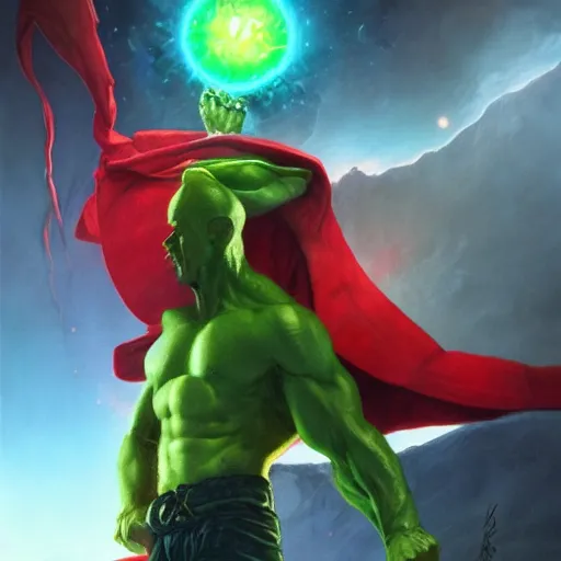 Prompt: yoked buff physique Stalwart Dr. Manhattan warlock mage of the northern winds wearing a red leather cape brandishing a glowing green orb whilst standing on a cliff christopher shy leonardo da vinci Jean Sebastien Rossbach jana schirmer jeff simpson greg staples