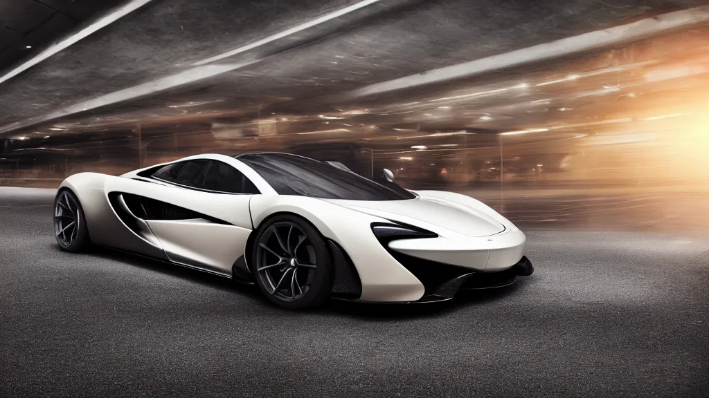 Image similar to soft bokeh front shot photo of a mclaren concept hyper car, cinematic, fine details, symmetrical, 4 k, digital art, wallpaper