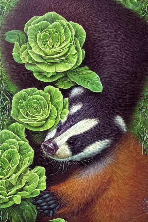 Prompt: realistic detailed beautiful painting of a badger working on hydroponic lettuce by Todd Lockwood, Art Nouveau, rich deep vibrant colors