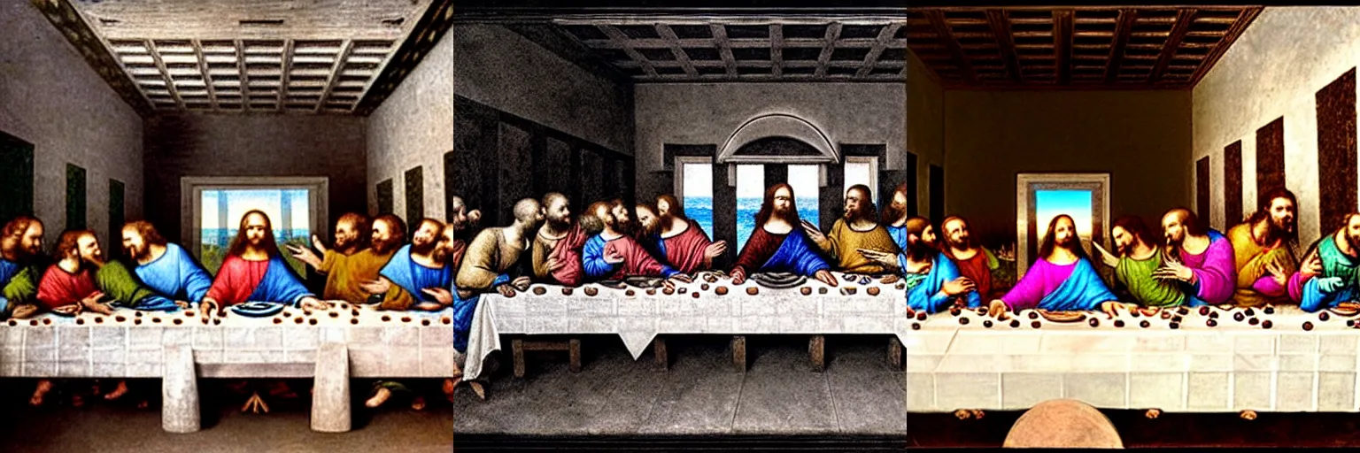 Prompt: The Last Supper by Leonardo Da Vinci, as an X-ray image