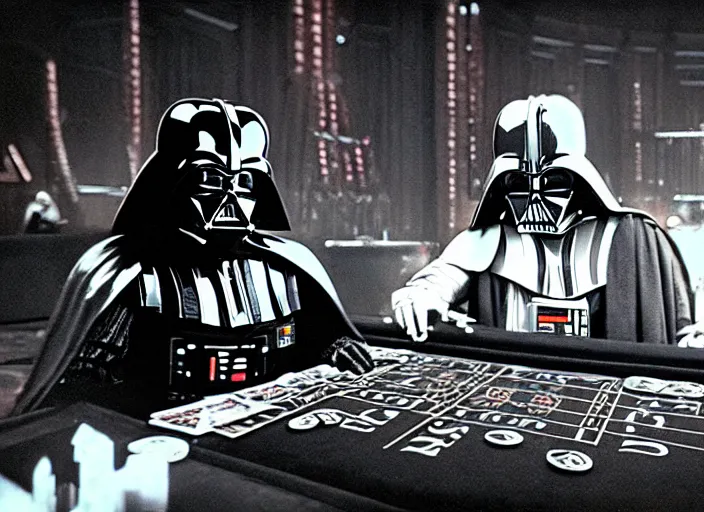 Image similar to film still of Darth Vader gambling in vegas in Star Wars The Empire Strikes Back,