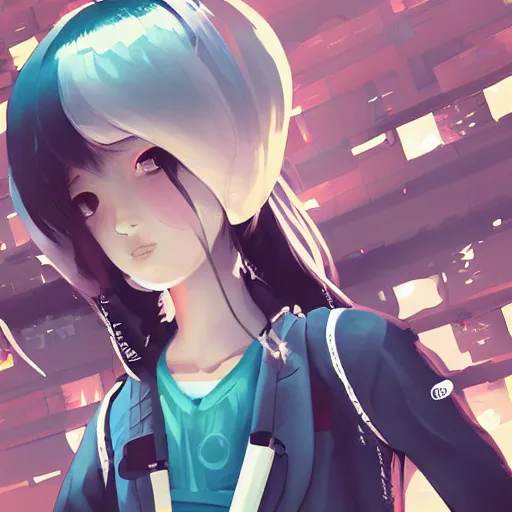 Image similar to Frequency indie album cover, luxury advertisement, white, indigo and teal colors. highly detailed post-cyberpunk sci-fi close-up schoolgirl in asian city in style of cytus and deemo, mysterious vibes, by Ilya Kuvshinov, by Greg Tocchini, nier:automata, set in half-life 2, beautiful with eerie vibes, very inspirational, very stylish, with gradients, surrealistic, postapocalyptic vibes, depth of filed, mist, rich cinematic atmosphere, perfect digital art, mystical journey in strange world, bastion game, arthouse