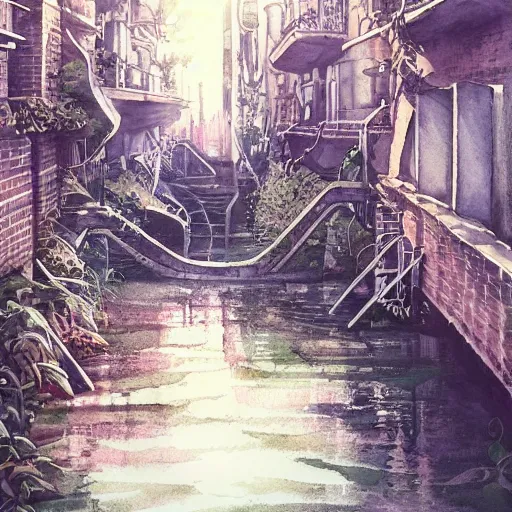 Prompt: Narrow cosy canal in beautiful overgrown futuristic sci-fi city in harmony with nature. Nice colour scheme, soft warm colour. Beautiful detailed watercolor by Lurid. (2022)