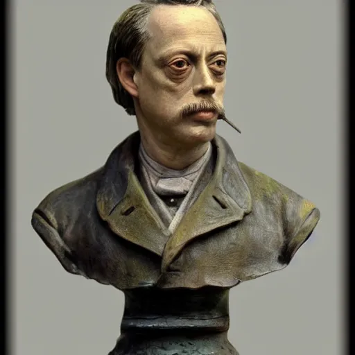 Image similar to hyper realistic closeup bust of a new england fisherman, steve buscemi, painted, colorized, bossons vintage chalkware, by emile renouf