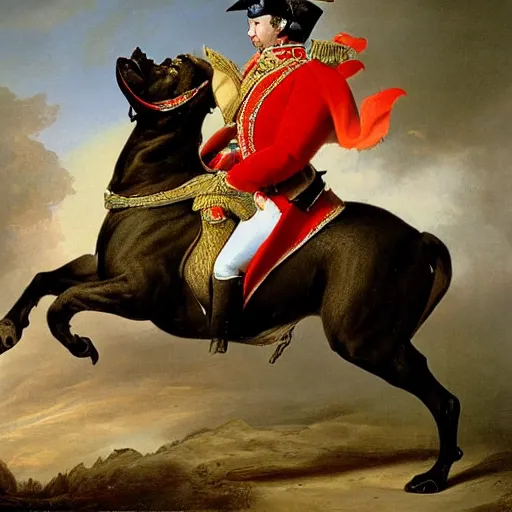 Image similar to french bulldog riding horse in battle like napoleon, painted by saint - bernard