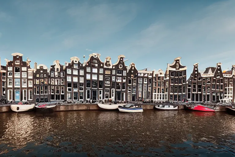 Prompt: view of houses in amsterdam, with water and boats, photography, 3 5 mm, hyper realistic, 8 k, unreal engine