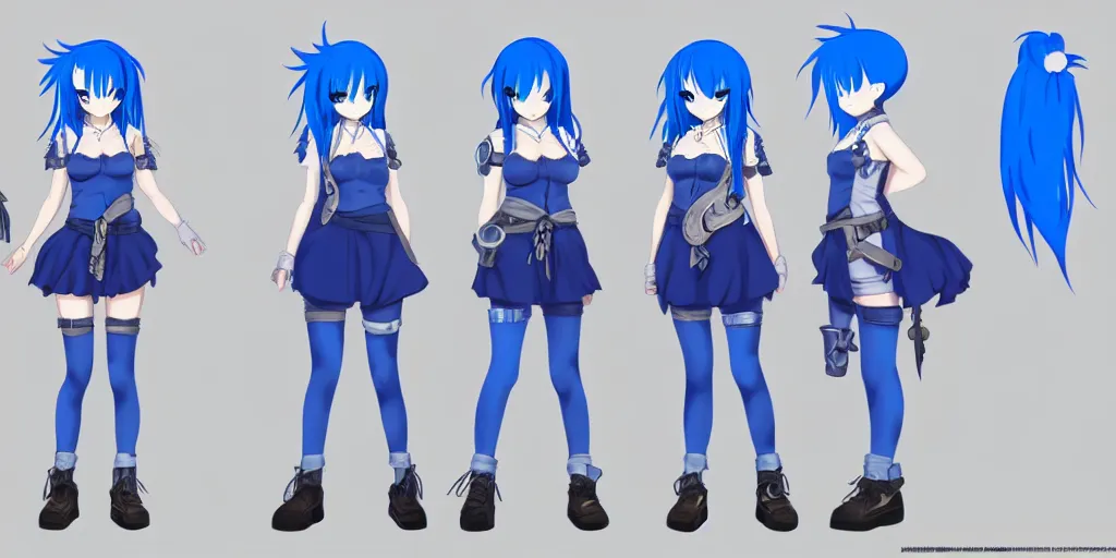 Prompt: a blue-haired alchemist girl, anime model sheet; in the fantasy studio bones anime; character outfit concepts; trending on artstation, highly detailed, clean lineart