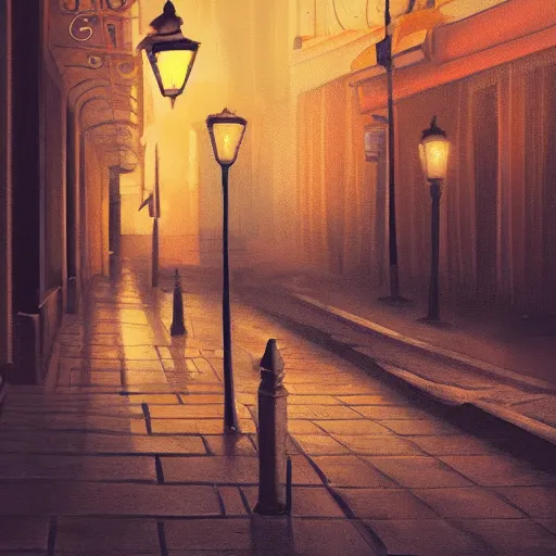 Image similar to a cute orange tabby cat on a sidewalk, it is night and raining, street lamps are illuminating the street, moody lighting, peaceful atmosphere, digital art, highly detailed, high contrast, beautiful lighting, award winning, trending on art station, 8 k,