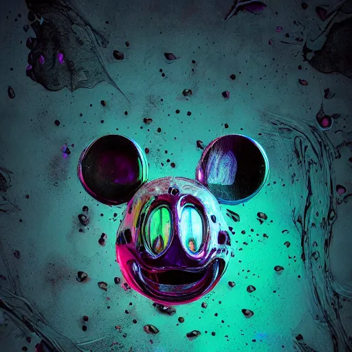 Image similar to counterfeit mickey mouse head, fractal, broken, psychedelic, wet, mycelium, radiant alien, rococo, baroque, automotive, bio-mechanical, porcelain, iridescent, sub surface scattering, octane render