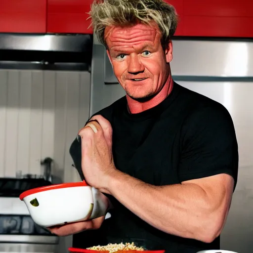 Prompt: shirtless gordon ramsey, a pot of chili is being dumped on his chest. most of the room is white,