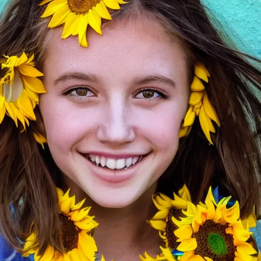 Image similar to Portrait, Graffiti of a Ukrainian girl Smiling at the camera, Beautiful pretty young, flowers in her dark hair, Scene: Sunflower field, Colors: Yellow sunflowers, blue cloudy sky, In a style of Graffiti tag