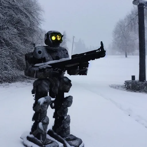 Prompt: snowy fields, snowy trees, partisans with guns, humanoid robots with machine guns, billowing smoke in the distance