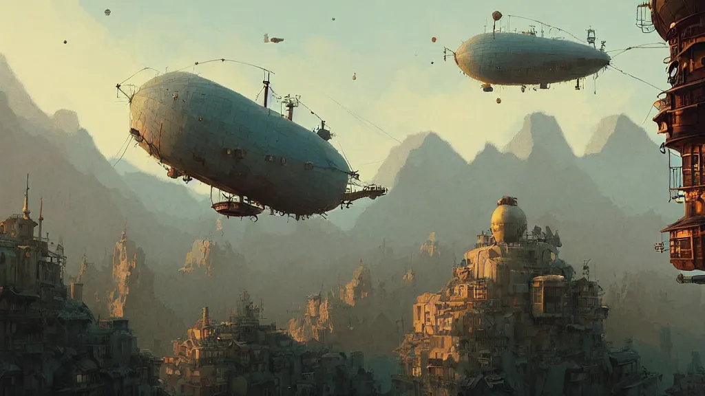 Prompt: Mountain by Craig Mullins, Downtown in a studio ghibli aesthetic, illustrative art of various small steampunk airships flying around the city by Mattias Adolfsson, Rendered in Octane, cinematic, Highly Detailed