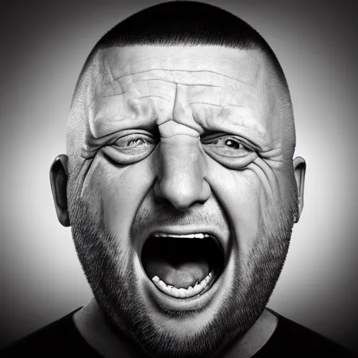 Image similar to photo portrait of shaun ryder with a buzzcut screaming and staring into the horizon, realistic, hyperrealistic, 8 k resolution, hd quality, very detailed, highly detailed, intricate details, real life, real world, trending on artstation, digital art, really realistic, very realistic, headshot, head in frame, photograph, portrait, head in frame