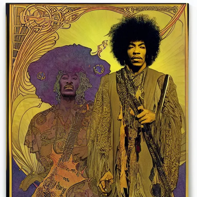 Image similar to vintage record cover by Franklin Booth and Edmund Dulac showing a portrait of Jimi Hendrix as a futuristic space shaman, Alphonse Mucha background, futuristic electric guitar, star map, smoke, platonic solids