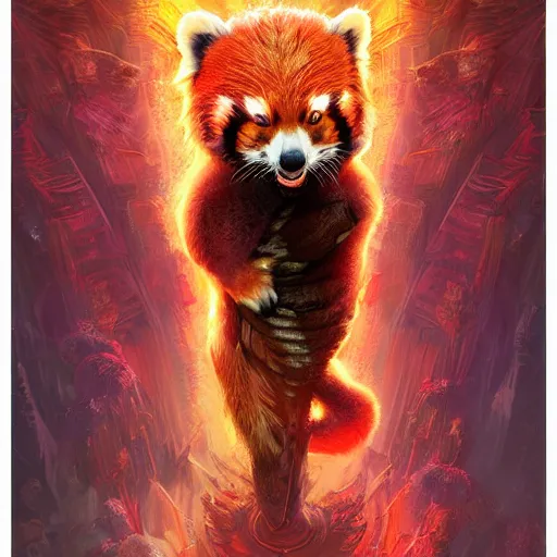 Image similar to red panda as god emperor character, digital illustration portrait design, by android jones and greg rutkowski, retrowave color scheme, detailed, cinematic lighting, wide angle action dynamic portrait