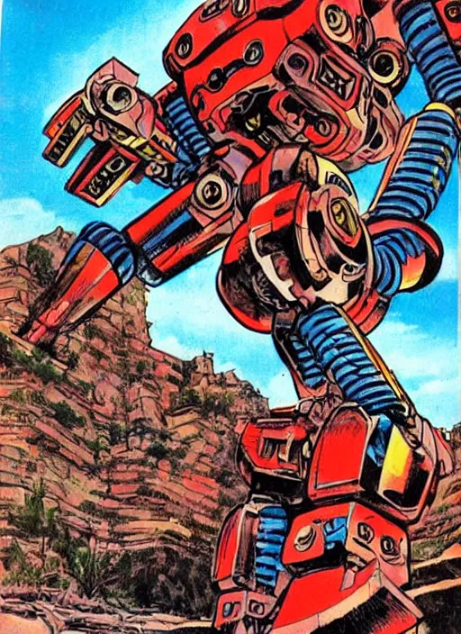 Image similar to comic book drawing of a giant mechanical robot crab at the grand canyon by jack kirby!!! and simon bisley, epic, awesome trendy color palette, black ink outlines