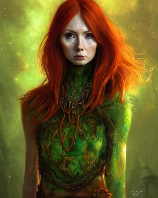 Image similar to karen gillan as female druid, perfect face, thin antlers, green halter top, ginger hair, abs, cinematic, freckles, stunning, athletic, strong, agile, highly detailed, psychedelic, digital painting, artstation, smooth, hard focus, illustration, art by jessica rossier and and brian froud
