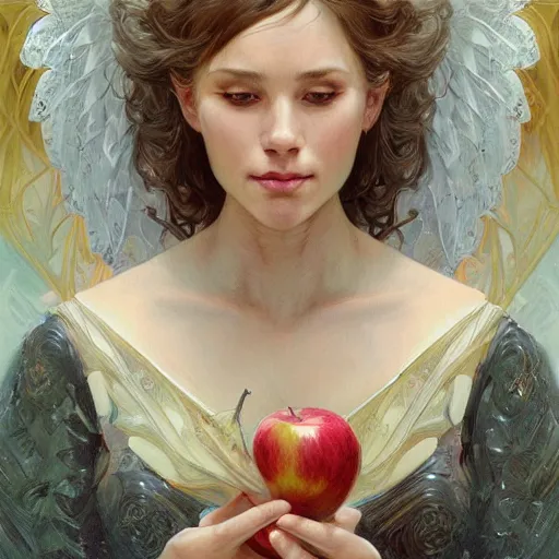 Image similar to portrait of the angel of apples, D&D, fantasy, intricate, elegant, highly detailed, digital painting, artstation, concept art, smooth, sharp focus, illustration, art by artgerm and greg rutkowski and alphonse mucha