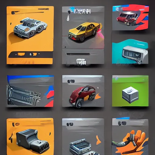 Image similar to car engine, car parts concept, card, comic page, realistic fortnite, ui card