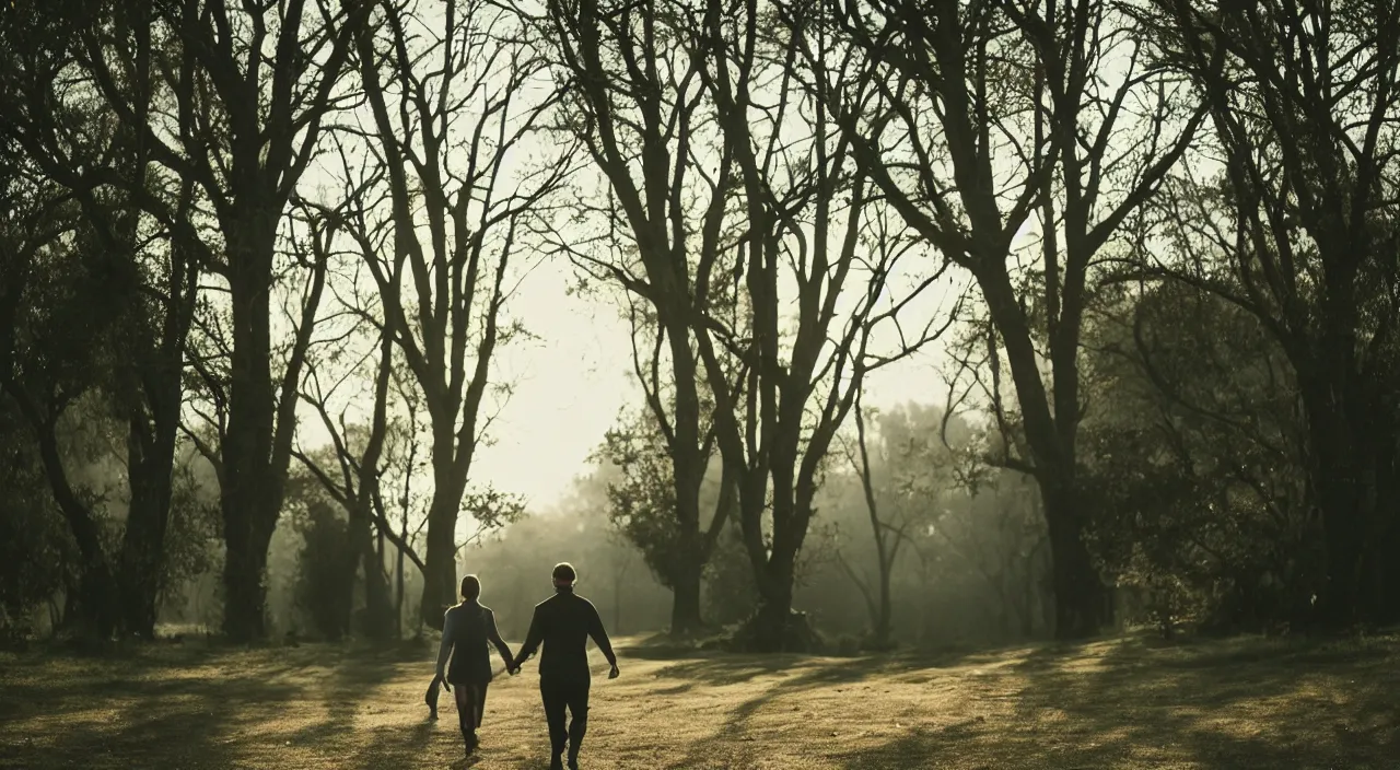 Prompt: a couple walking, cinematic lighting, wow, establishing shot