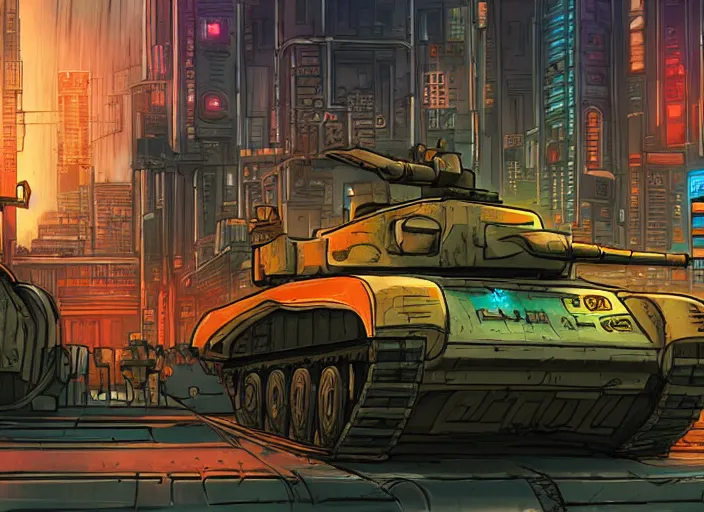 Image similar to A tank in a cyberpunk city, detailed, warm colours