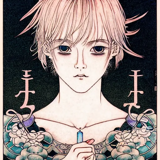 Image similar to prompt: Fragile looking character soft light portrait face drawn by Takato Yamamoto and Katsuhiro Otomo, tattooed face, inspired by Sailor Moon anime, alchemical objects on the side, soft light, intricate detail, intricate gouache painting detail, sharp high detail, manga and anime 2010