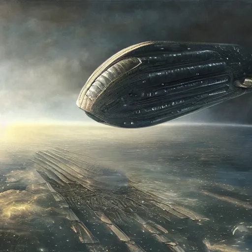 Image similar to a giant spaceship next to Earth in the style of H. R. Giger, realistic painting, high definition, digital art, matte painting, very detailed, realistic